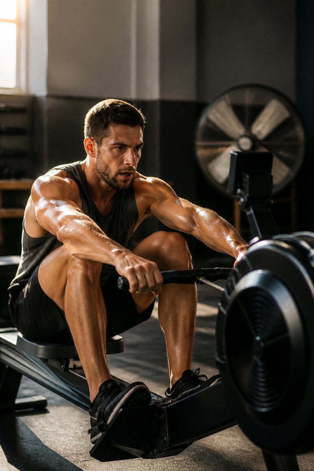 Person rowing on indoor rower during pyramid workout.
