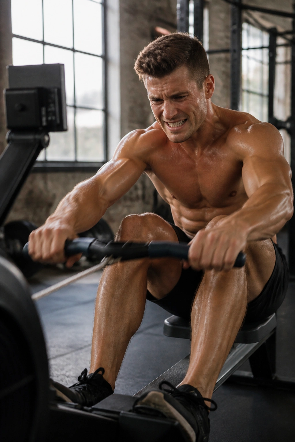 Athlete sprinting on rowing machine in a gym setting