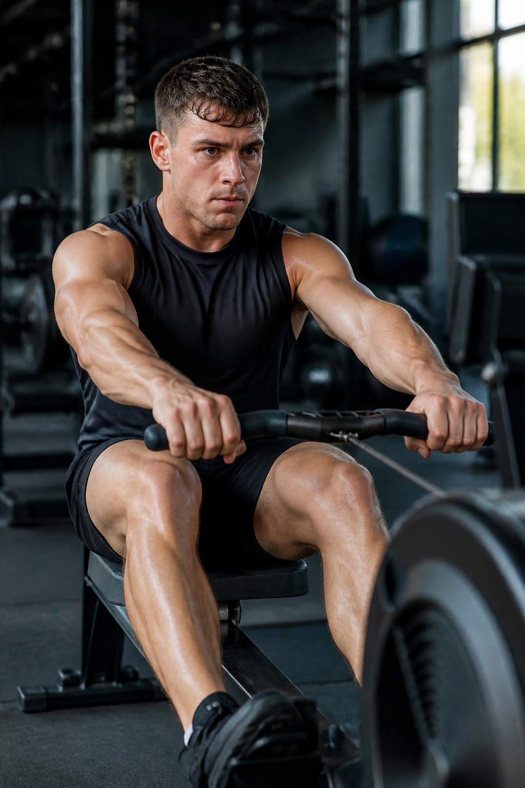 Athlete on rowing machine performing sprints in a gym