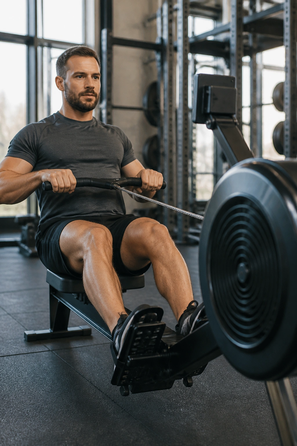 Person rowing on a gym rowing machine performing pyramid intervals