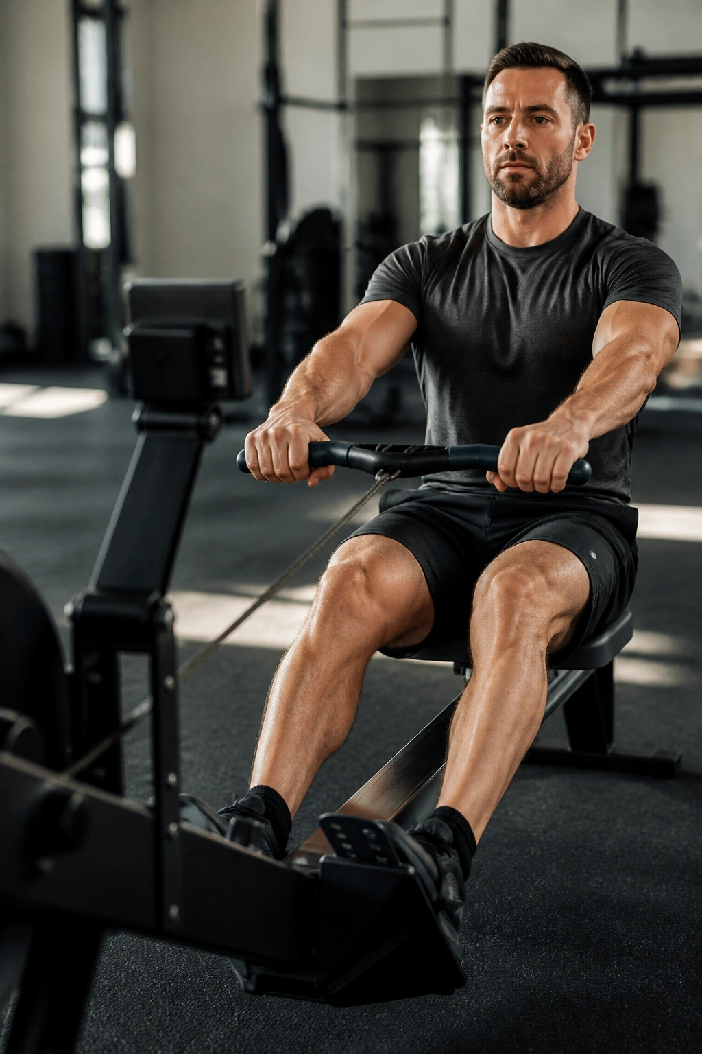 Person rowing on a rowing machine during workout