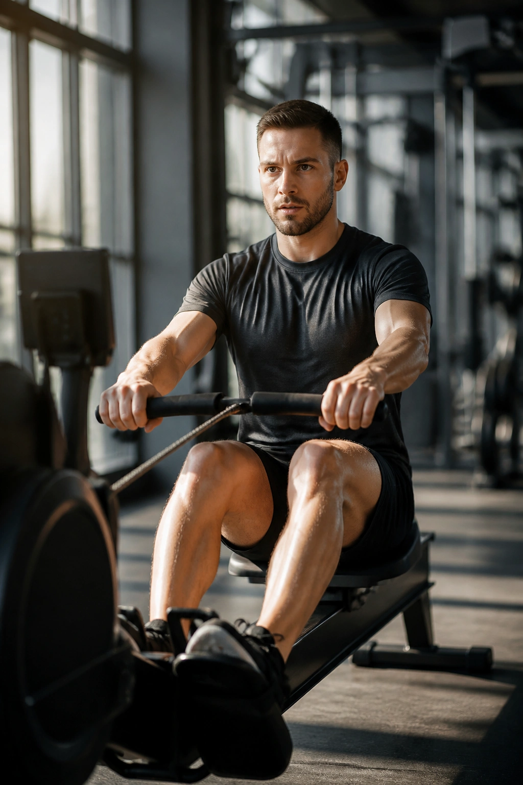 Athlete on rowing machine performing pyramid intervals in gym.