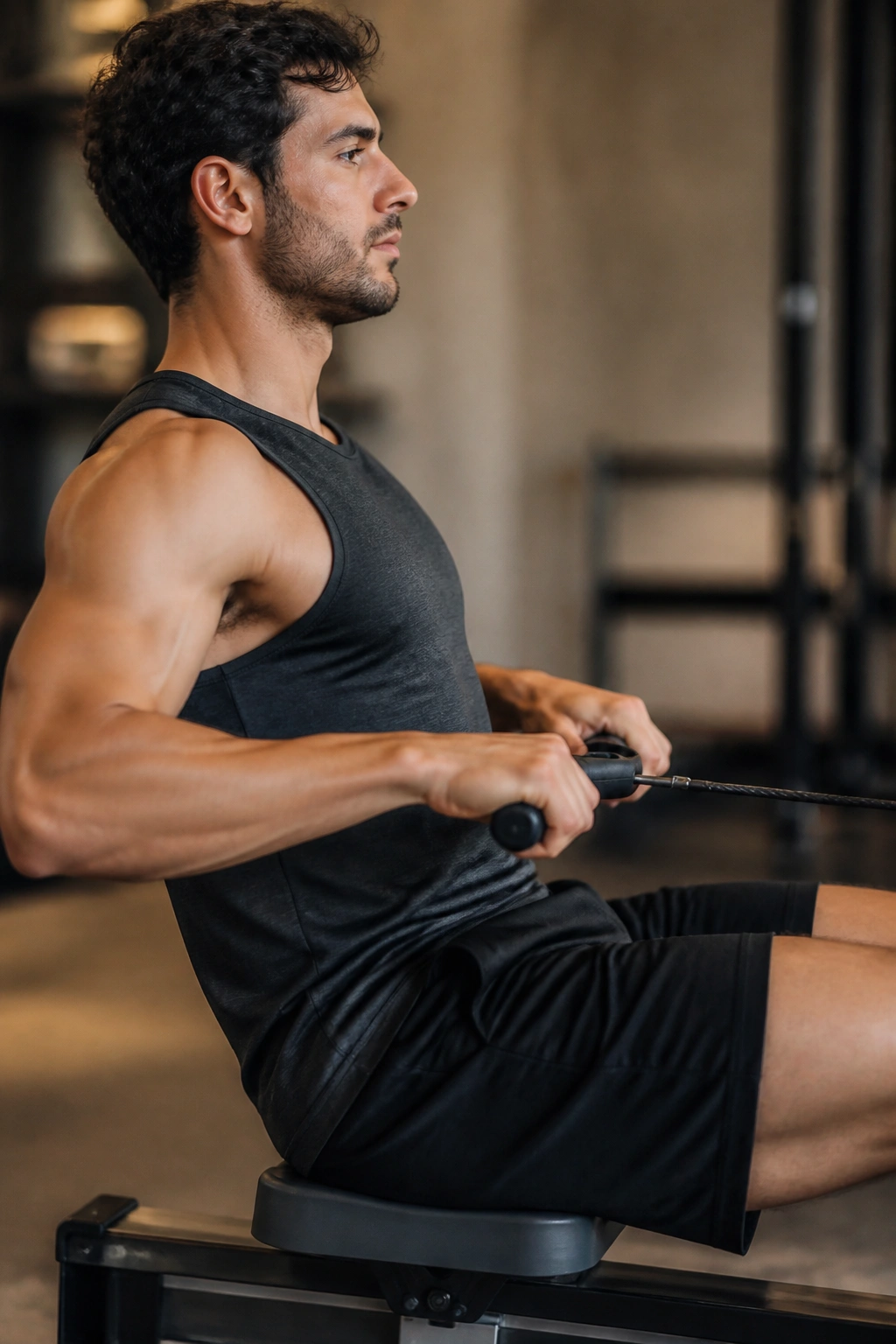 Side profile of a person rower at a gentle pace in a gym