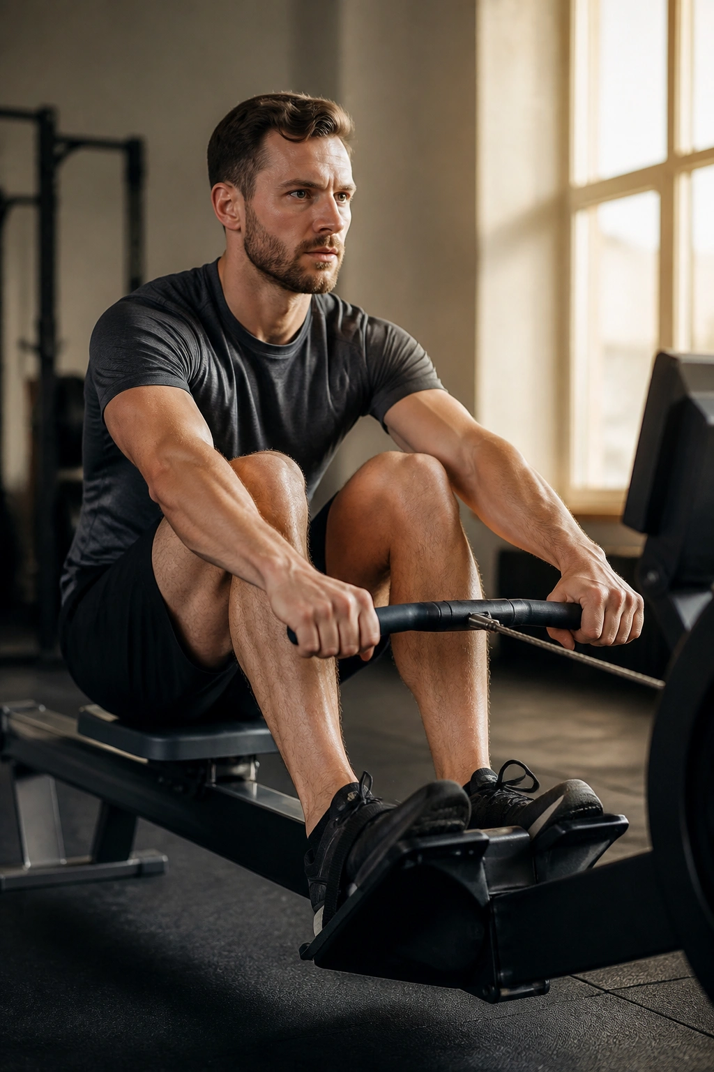 Close-up of a rower performing a short-stroke on a rowing machine, knee-friendly cardio setup