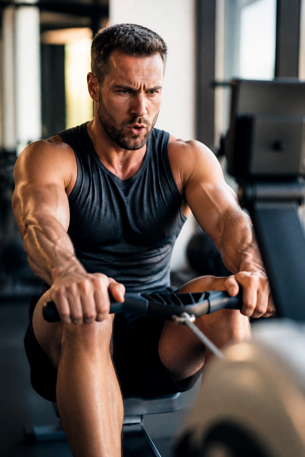 Person rowing vigorously on a machine with a focused expression