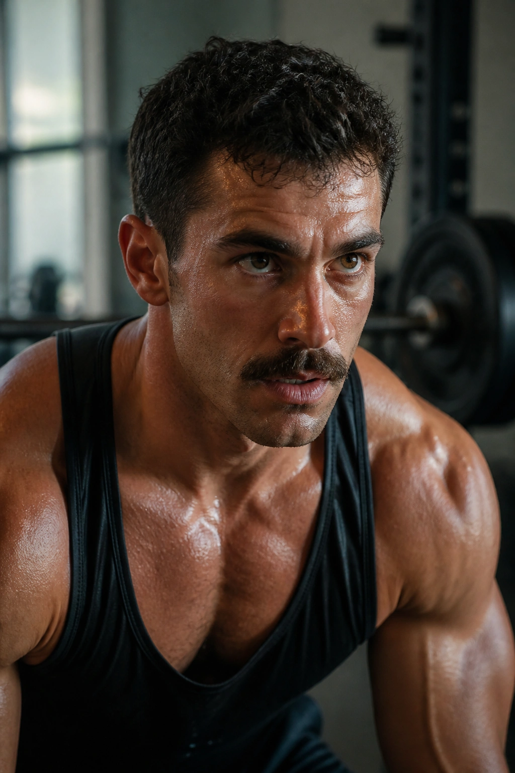 Close-up of a lifter's focused face during a heavy gym set