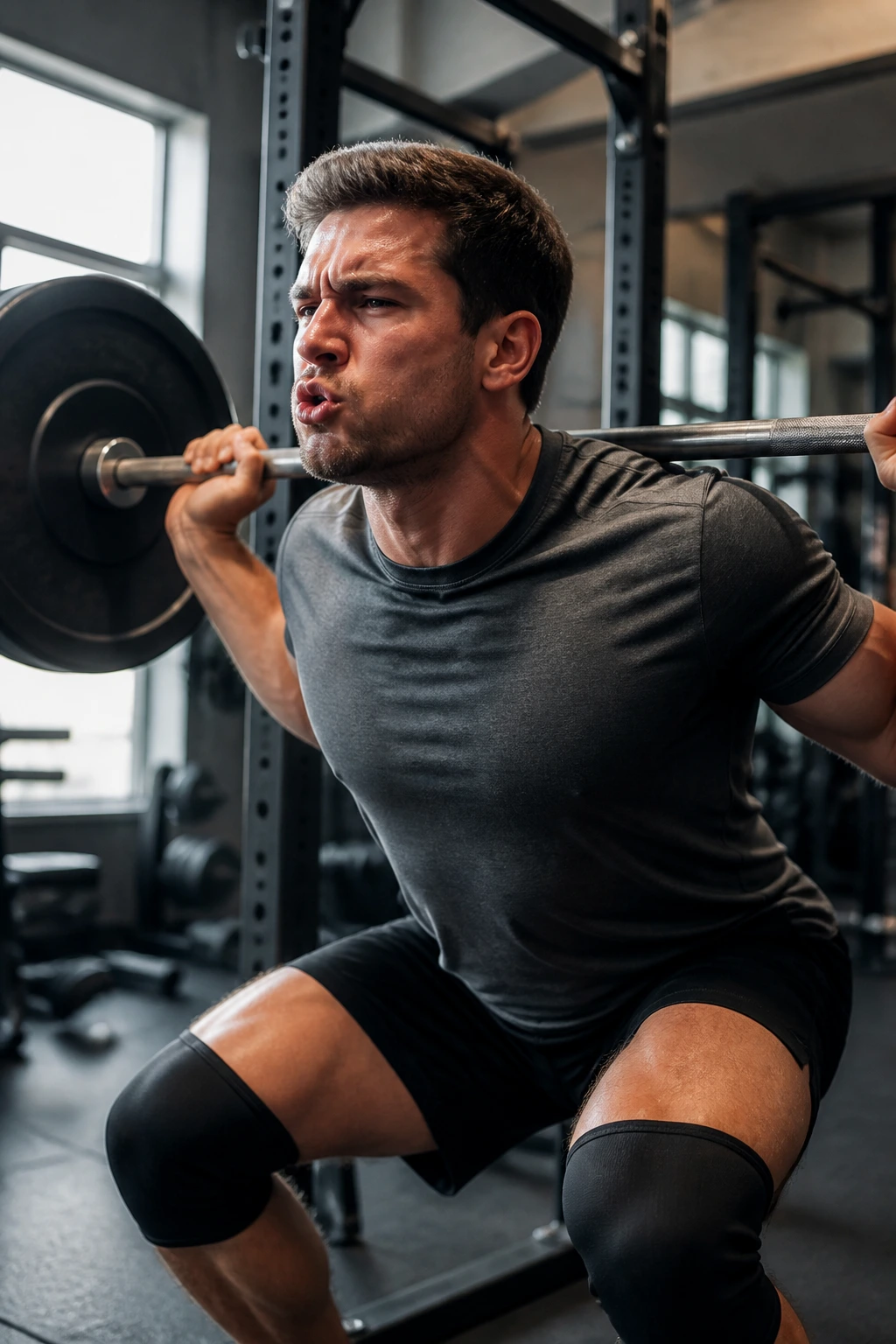 Athlete showing exertion and focus during a set