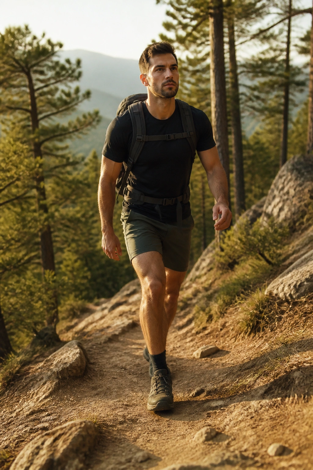 Person rucking uphill on a forest trail with backpack