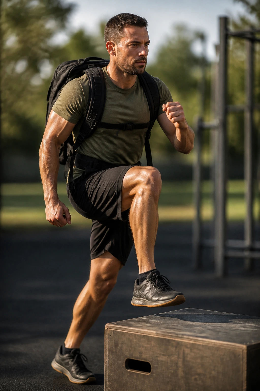 Person wearing a rucksack performing step-up in park or gym