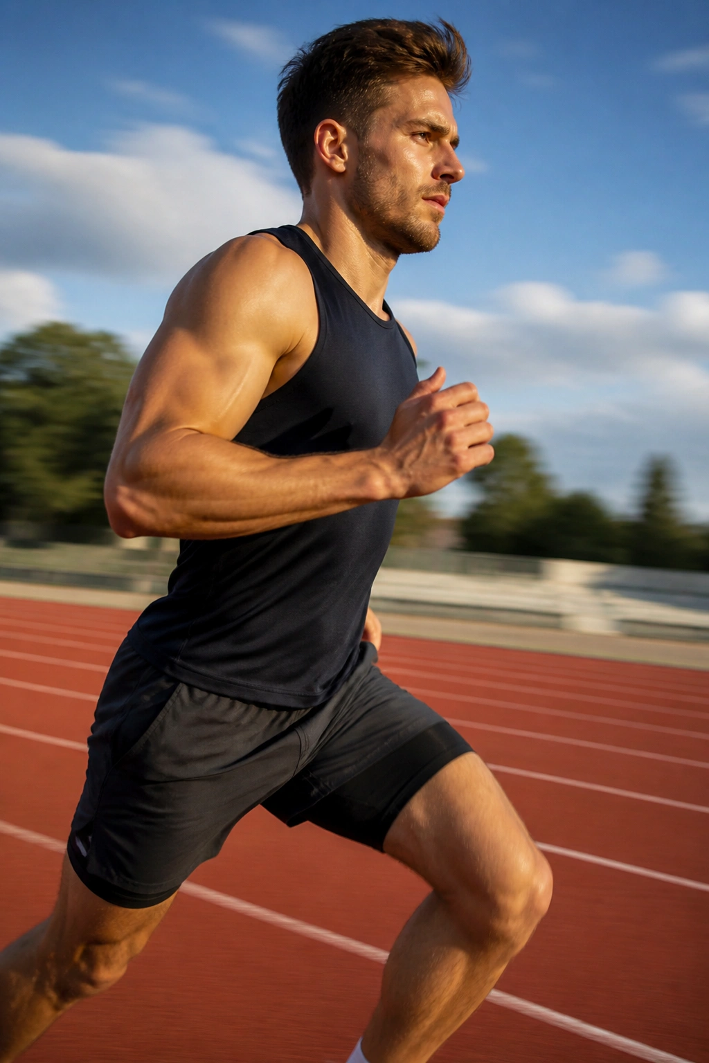 Runner mid-stride on an outdoor track during a training session