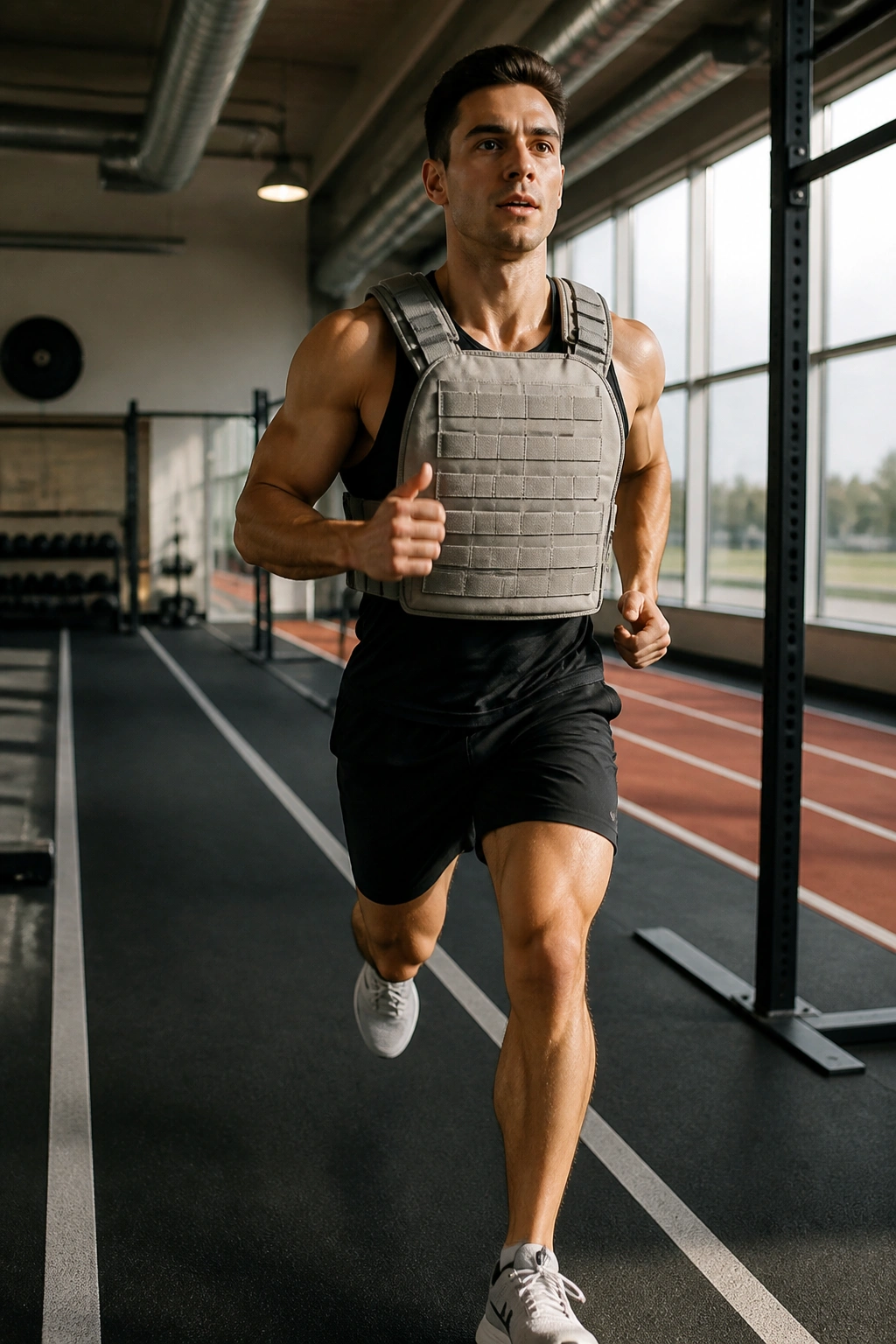 Athlete running mid-stride with light weight vest in a gym track setting