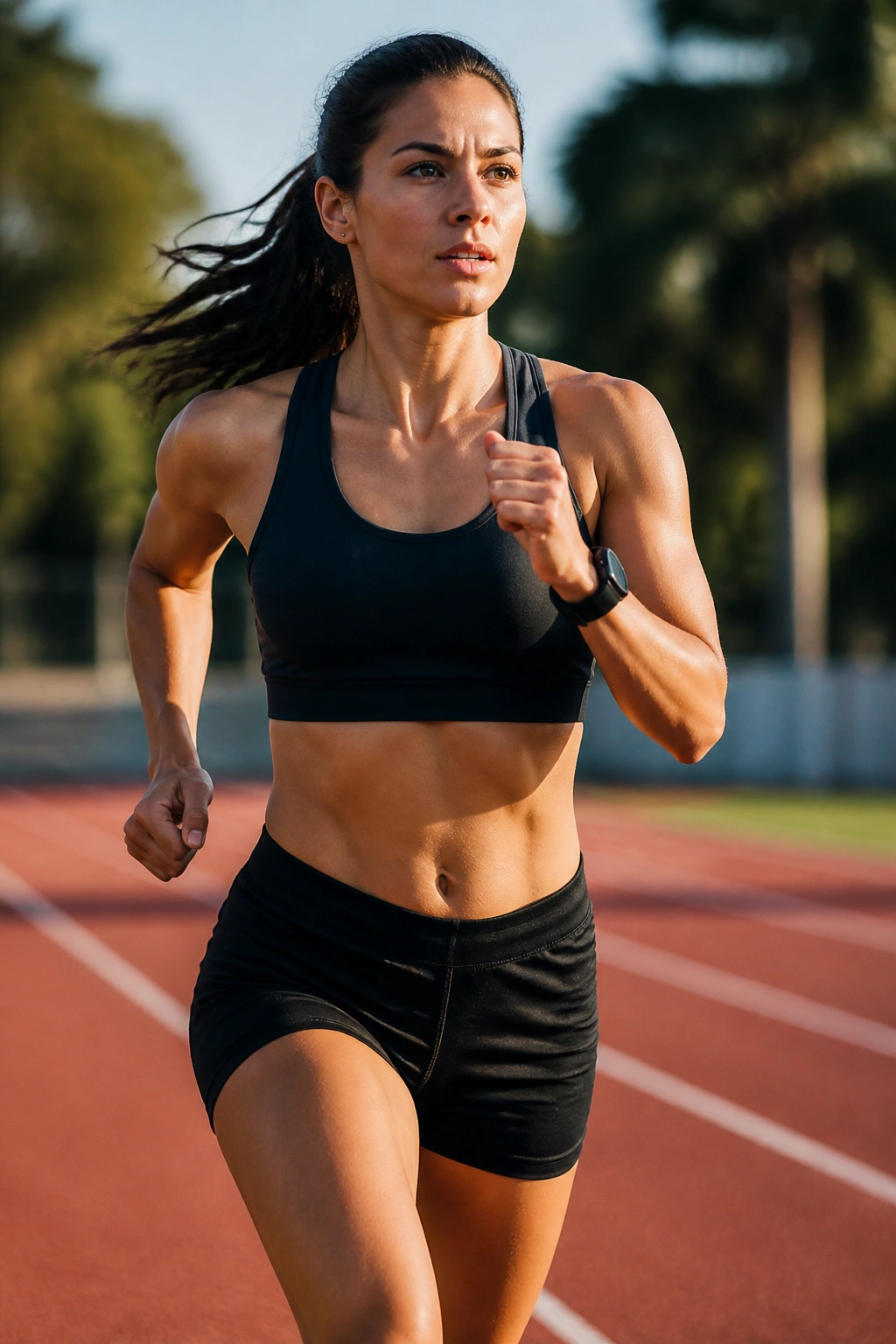 Runner on outdoor track performing run-walk intervals during conditioning