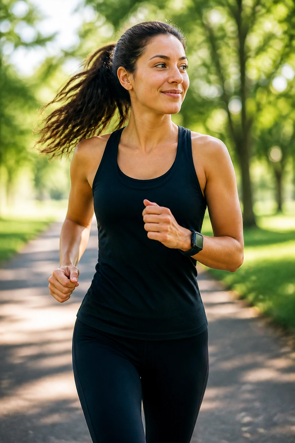 Woman running mid-stride on a park path during easy run-walk session.