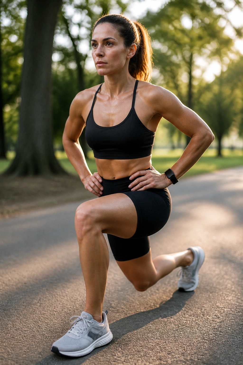 Medium close-up of a runner performing a split squat in a park for cross-training plan