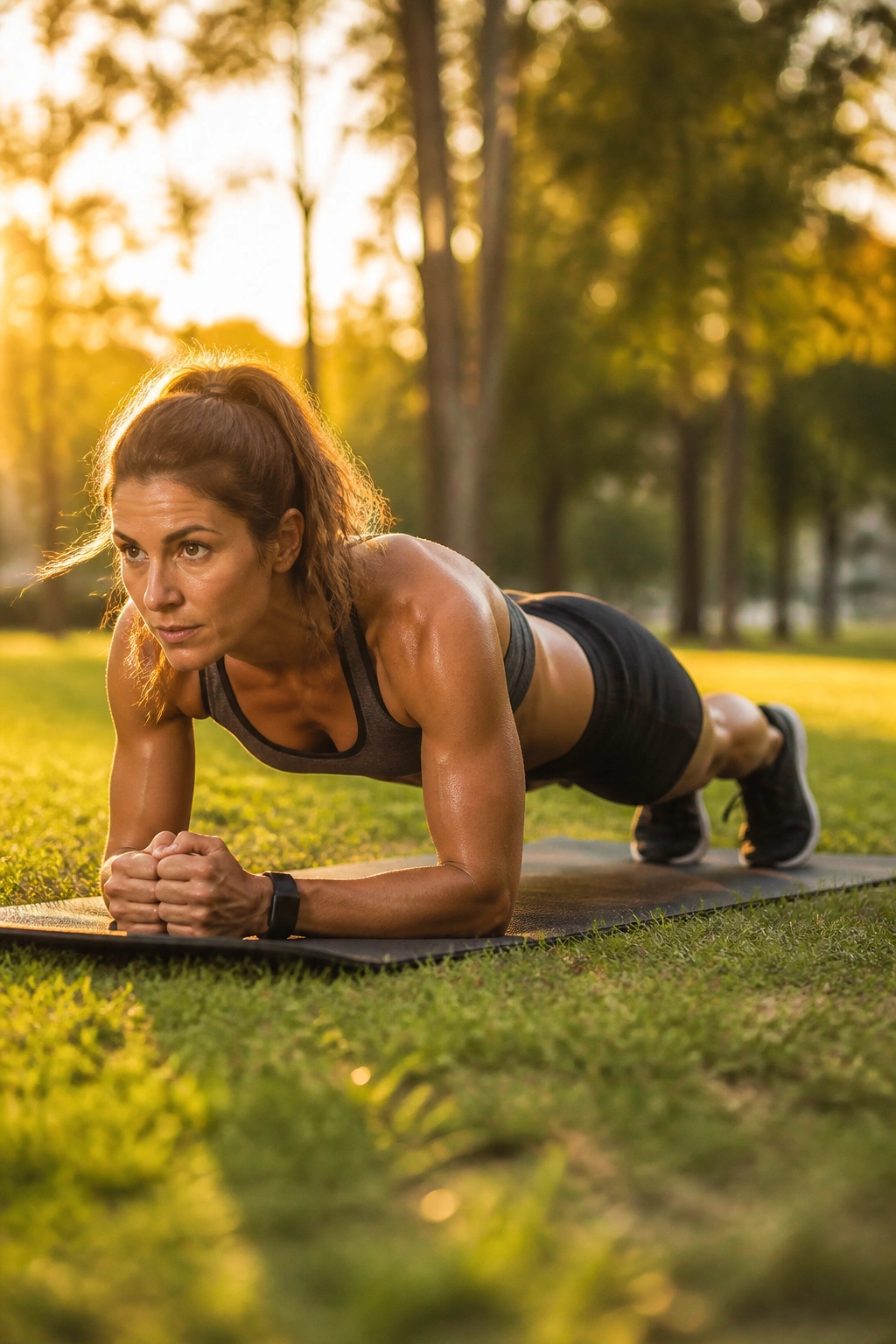 Runner in front plank position on a mat in a park during golden hour