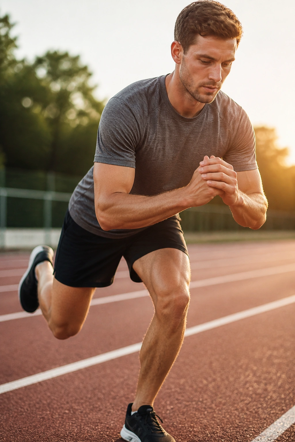 Close-up of a real runner performing a single-leg strength exercise on an outdoor track during golden hour.