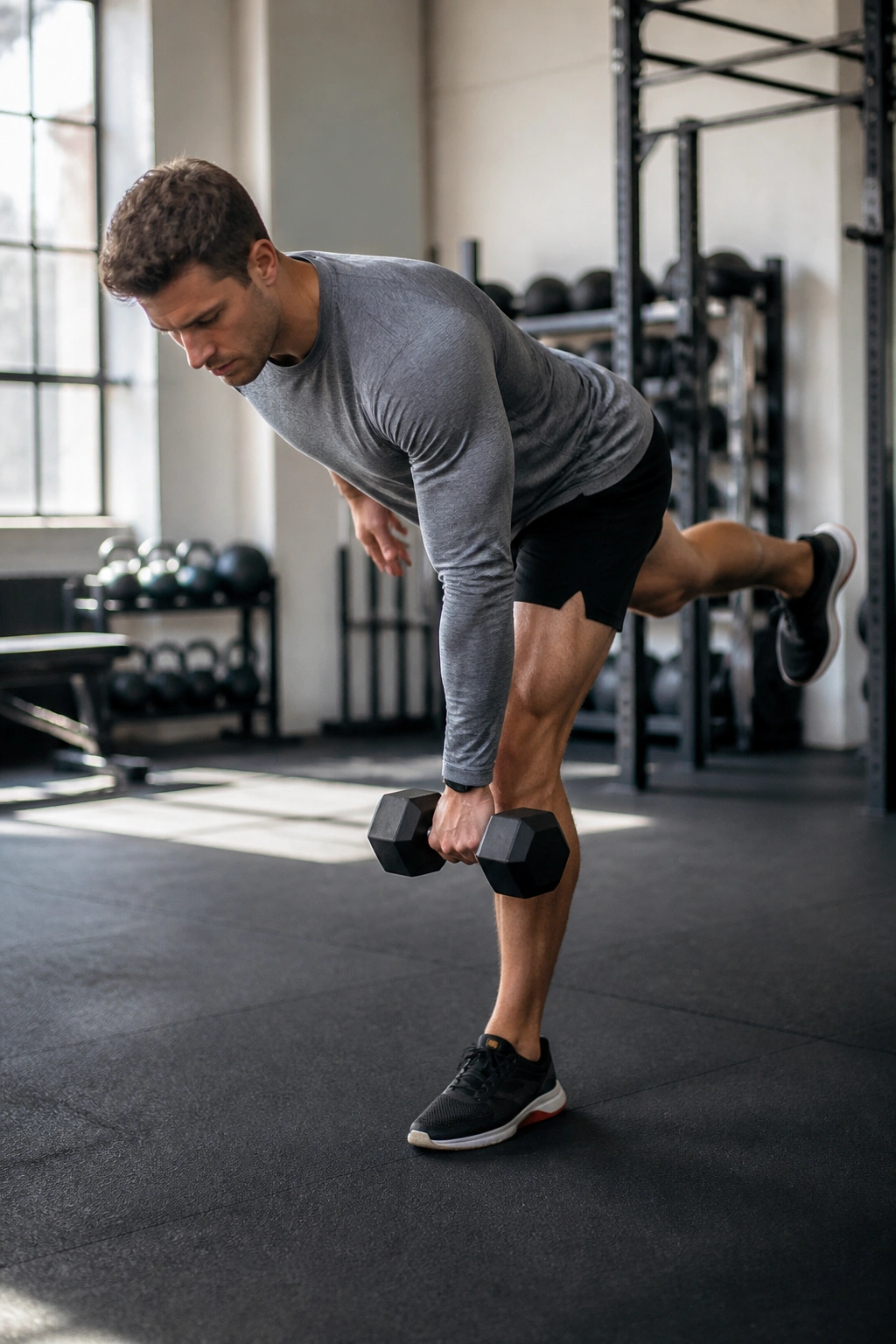 Mid-shot of a real runner performing a single-leg Romanian deadlift in a gym
