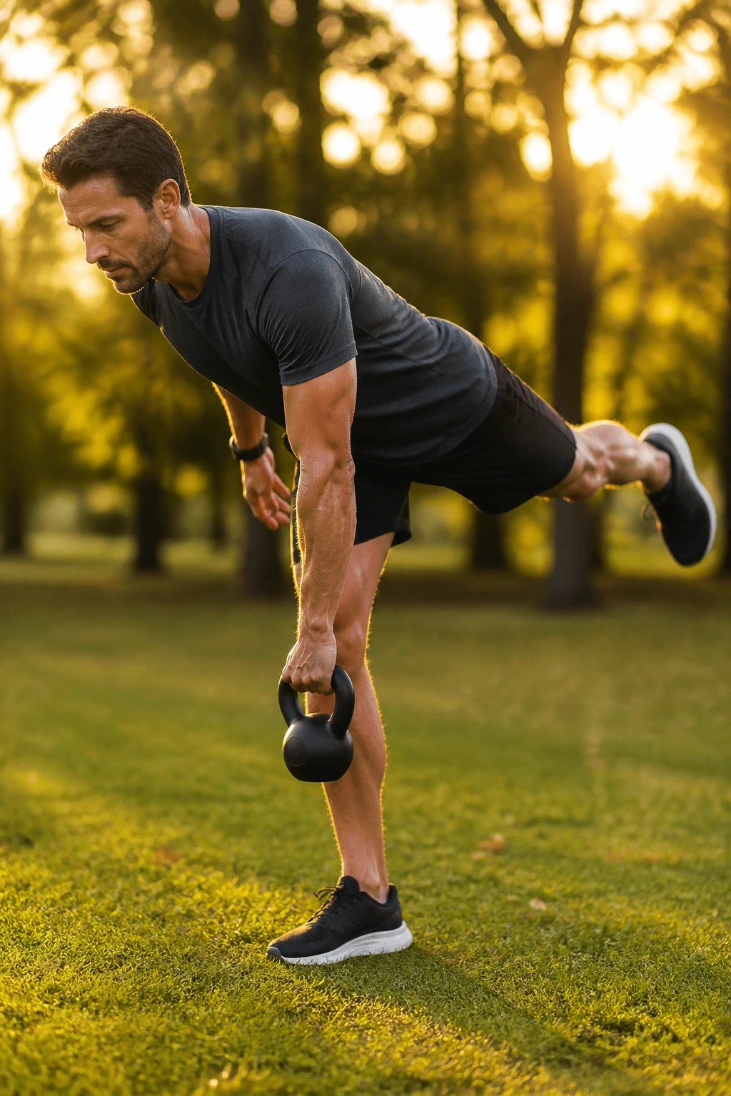 Runner performing single-leg Romanian deadlift in park at golden hour.