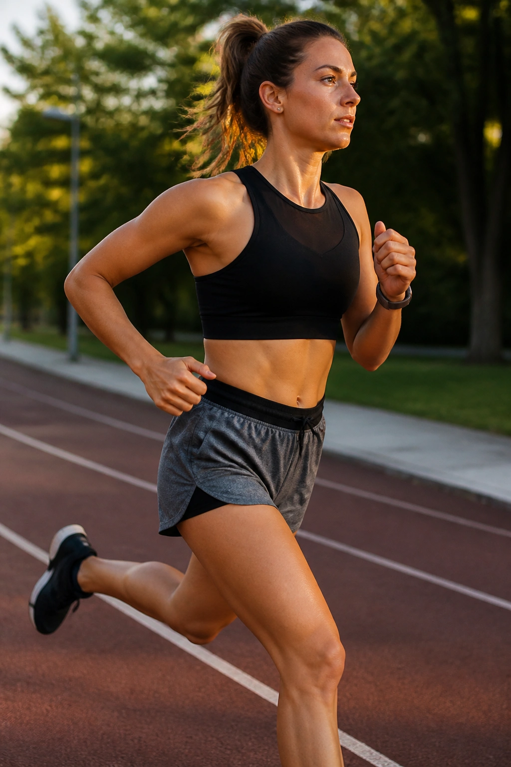 Runner mid-stride on a track during interval training