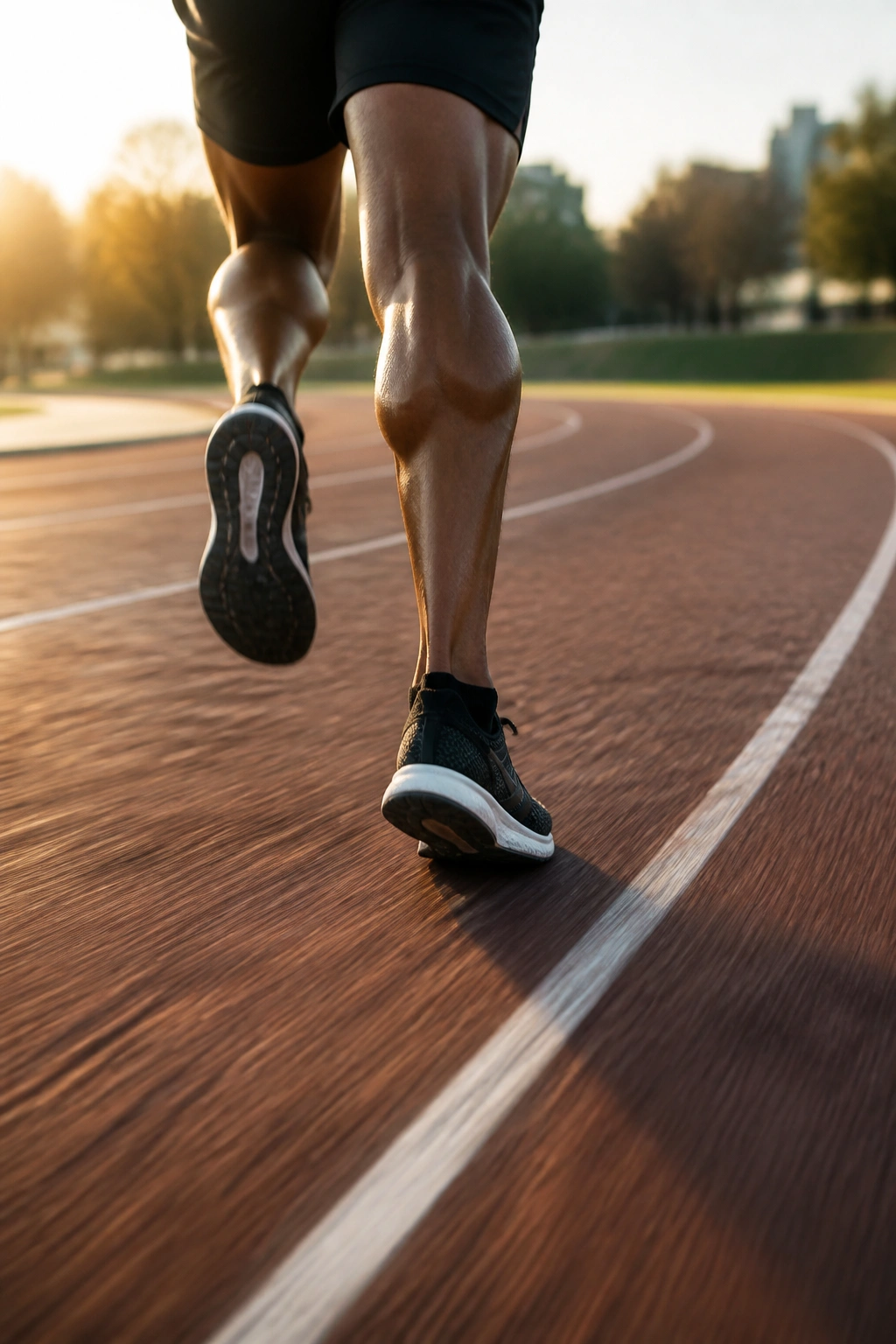 Close-up of a runner's legs in mid-stride on an outdoor track at dawn