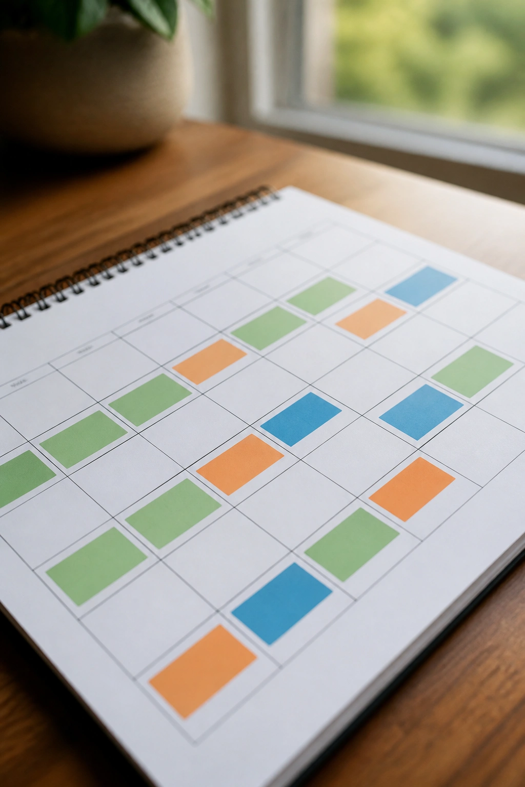Color-coded running plan calendar with easy, tempo, long run blocks on a desk