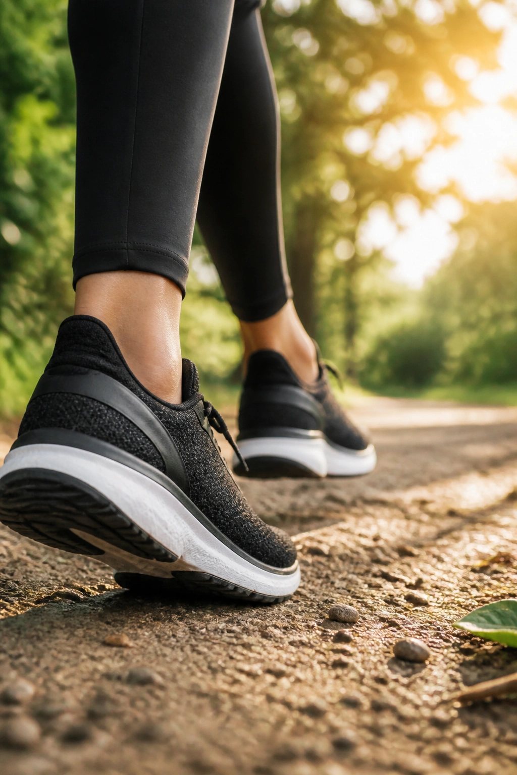 Athletic shoes on a park trail in morning light
