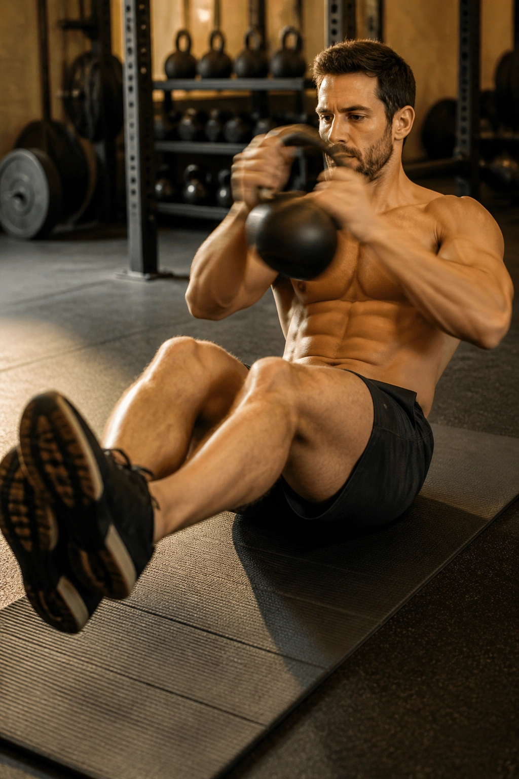 Medium close-up of a fit person performing Russian twists with kettlebell on an elevated legs position, halo motion around the head