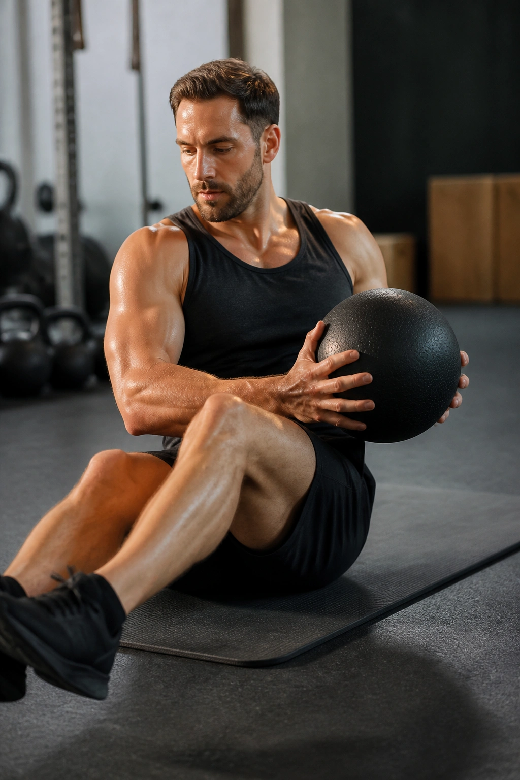 Seated Russian twist with medicine ball showing controlled oblique rotation