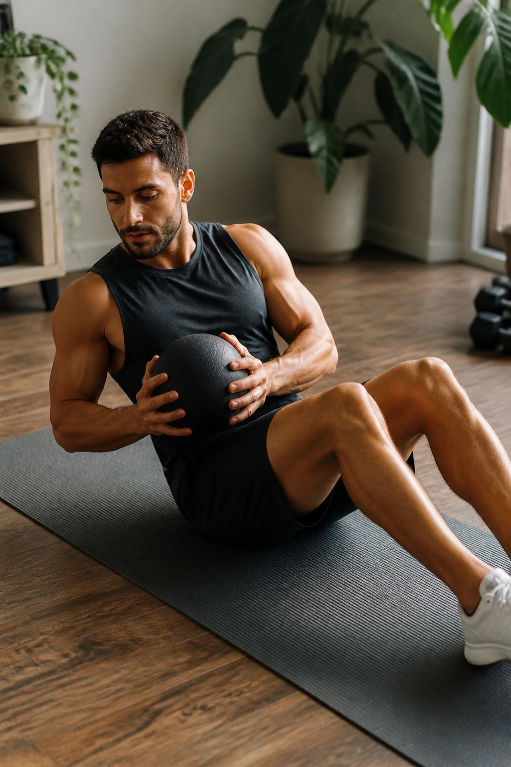 Person doing Russian Twist on a mat with medicine ball in a bright living room