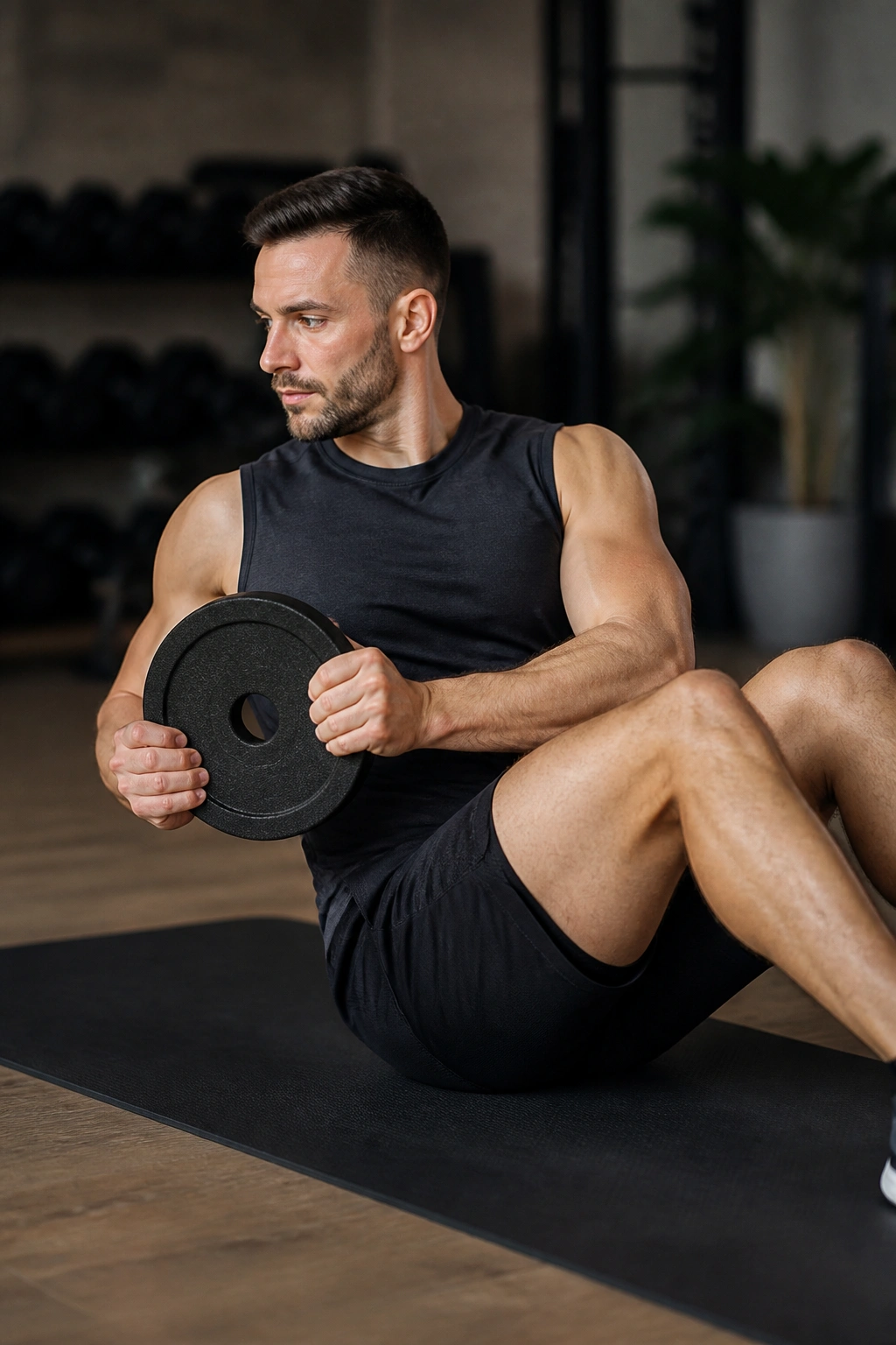 Close-up of a person performing Russian twist with a light weight plate