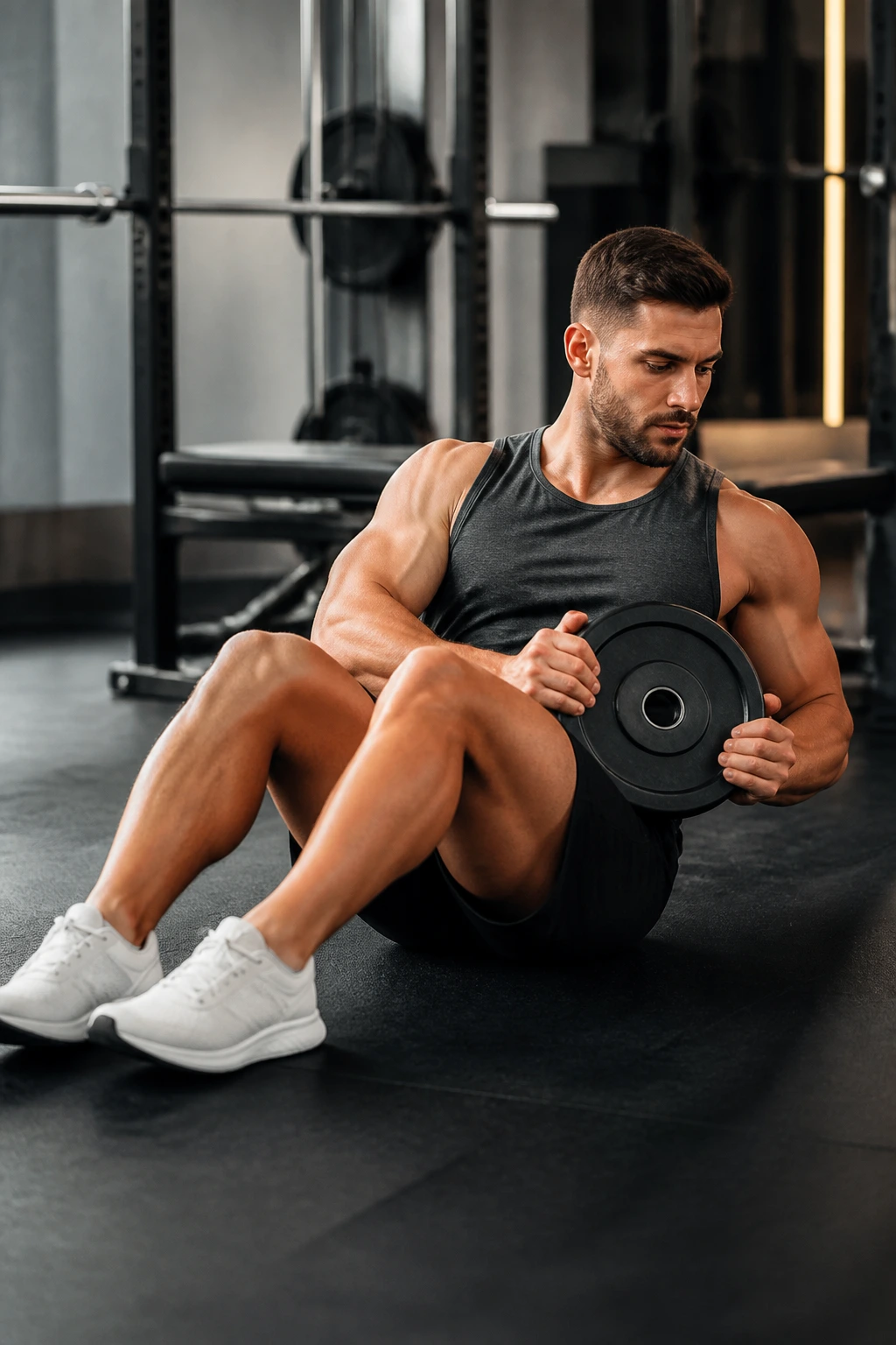 Seated torso angled back performing Russian twist with a plate.