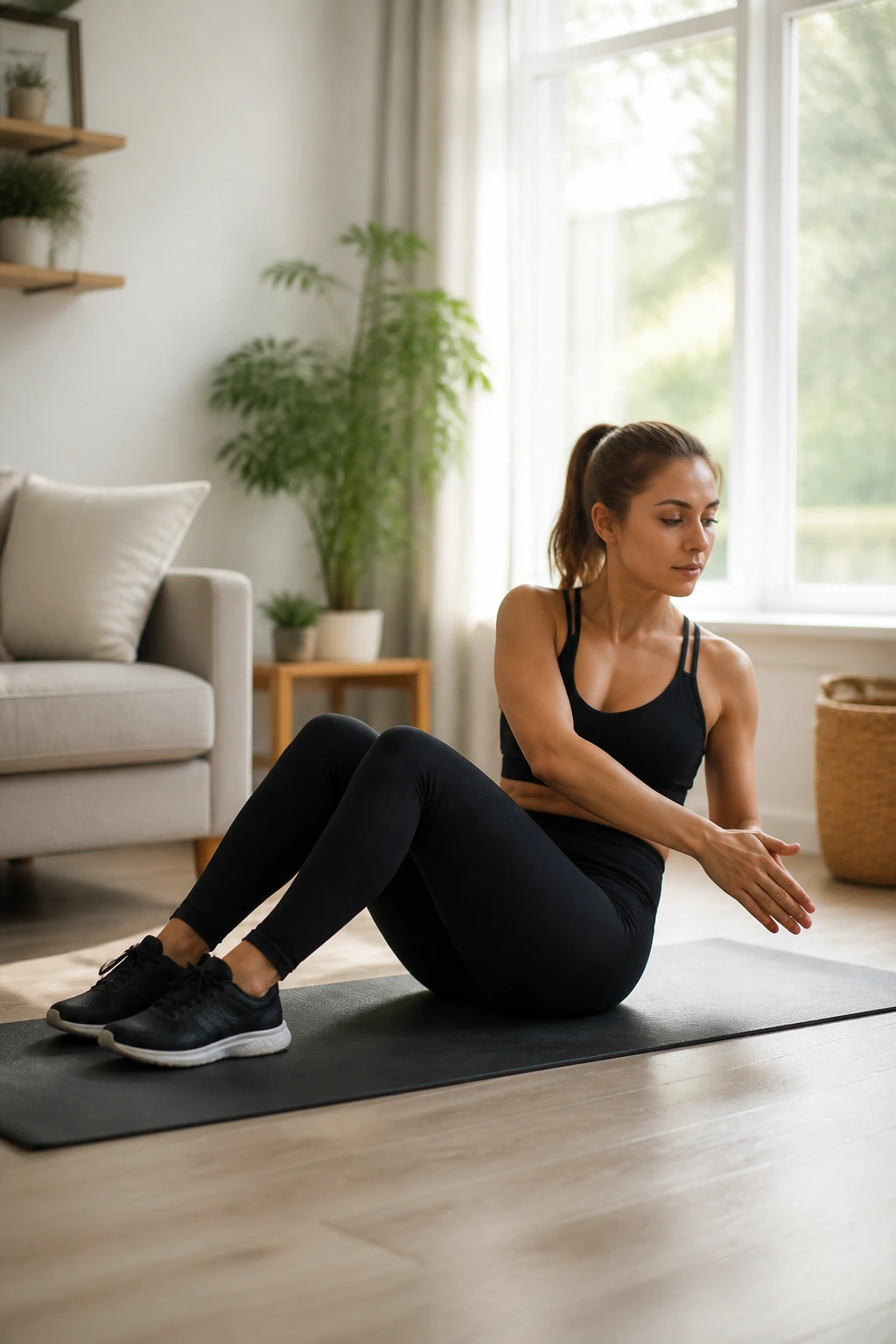 Person performing seated Russian twist reach on a mat