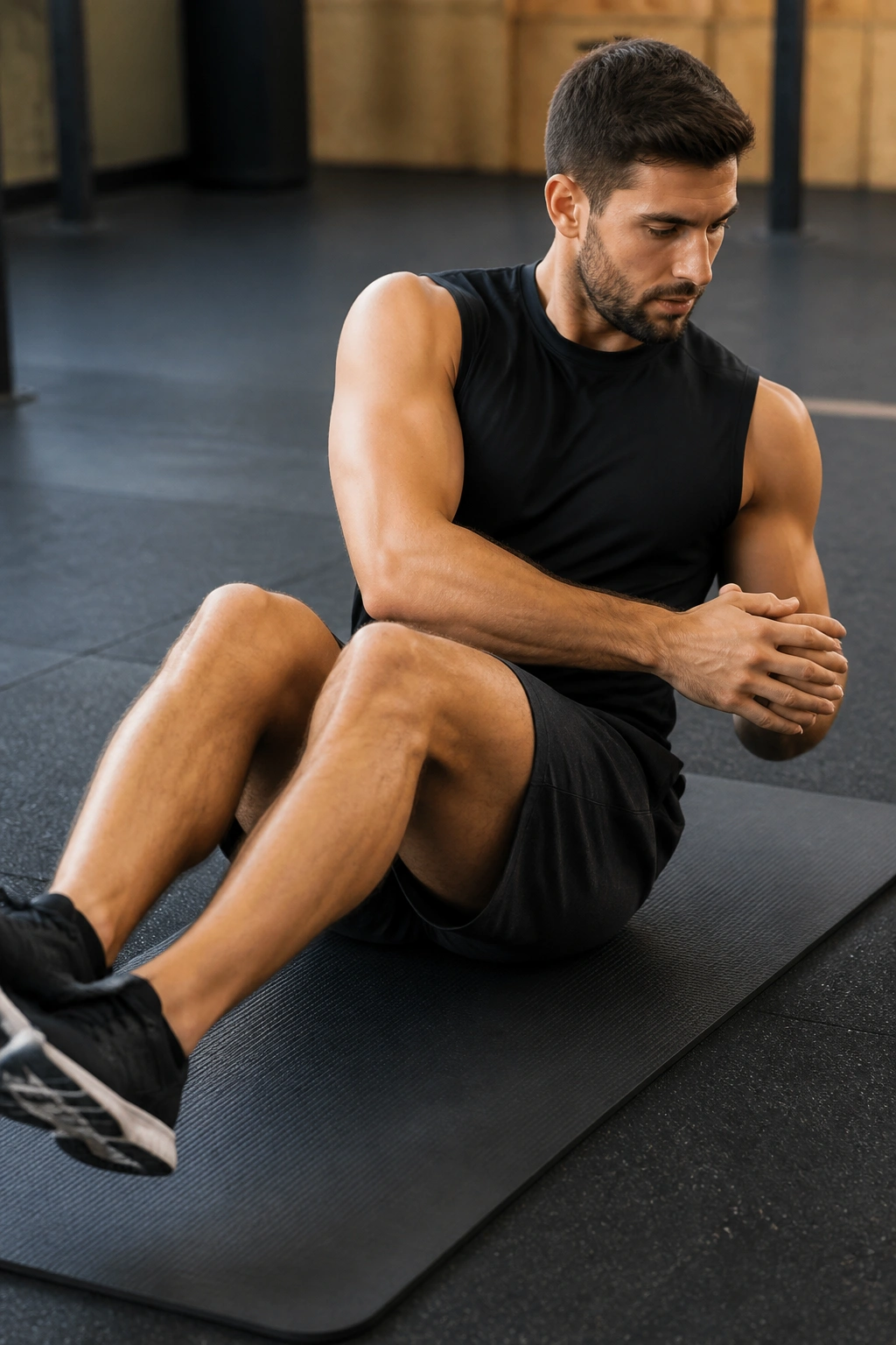 Close-up of torso rotating during Russian twist in gym