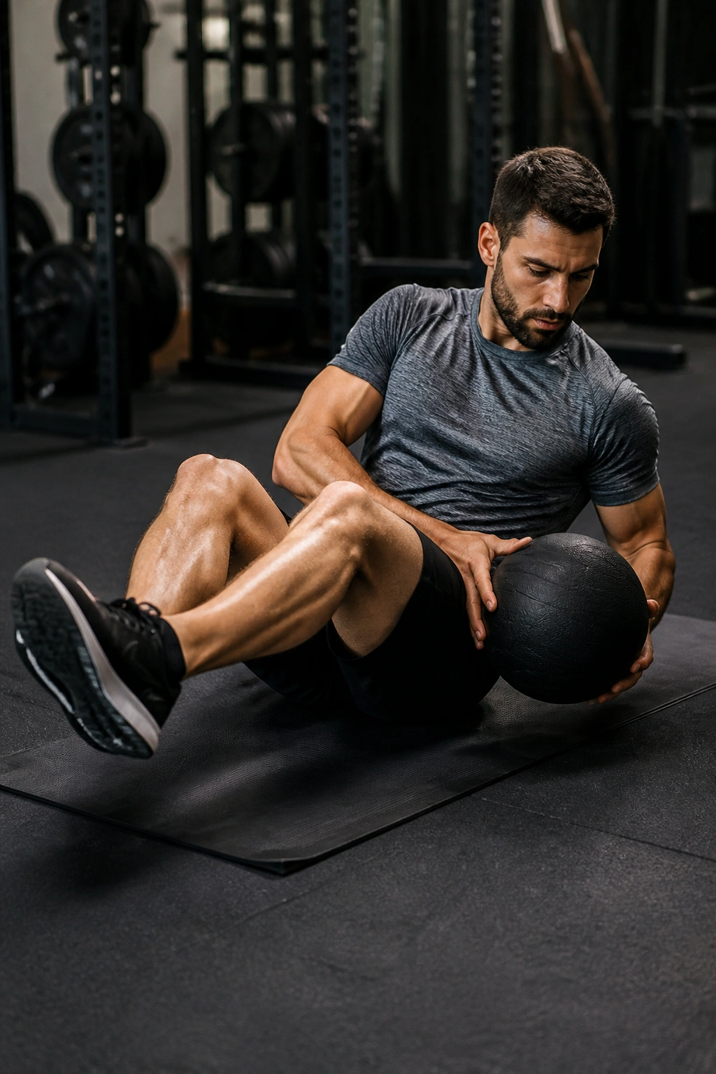 Athlete performing Russian twist slam core exercise