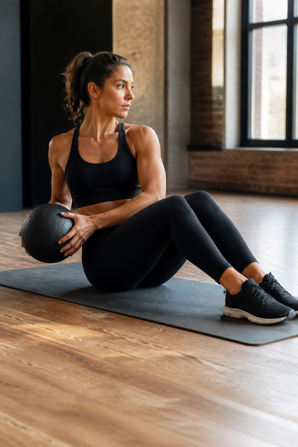 Russian twist with a tall spine seated twist with a medicine ball near the hip