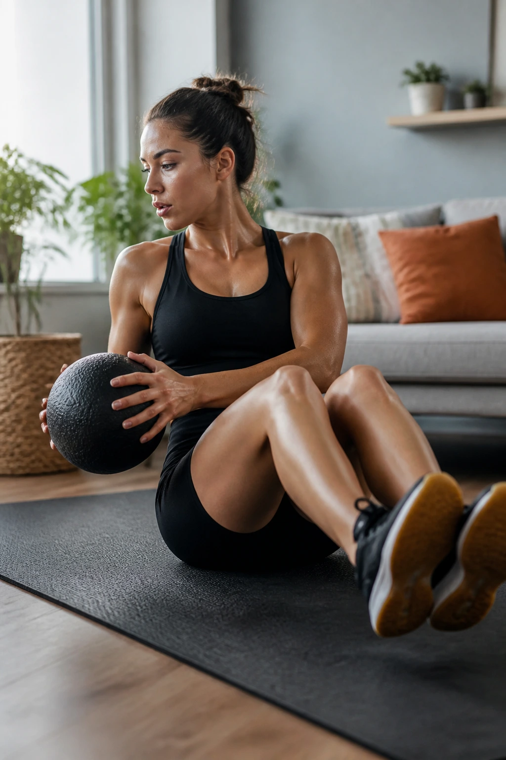 Person performing Russian twists to V-Sit Hold with medicine ball