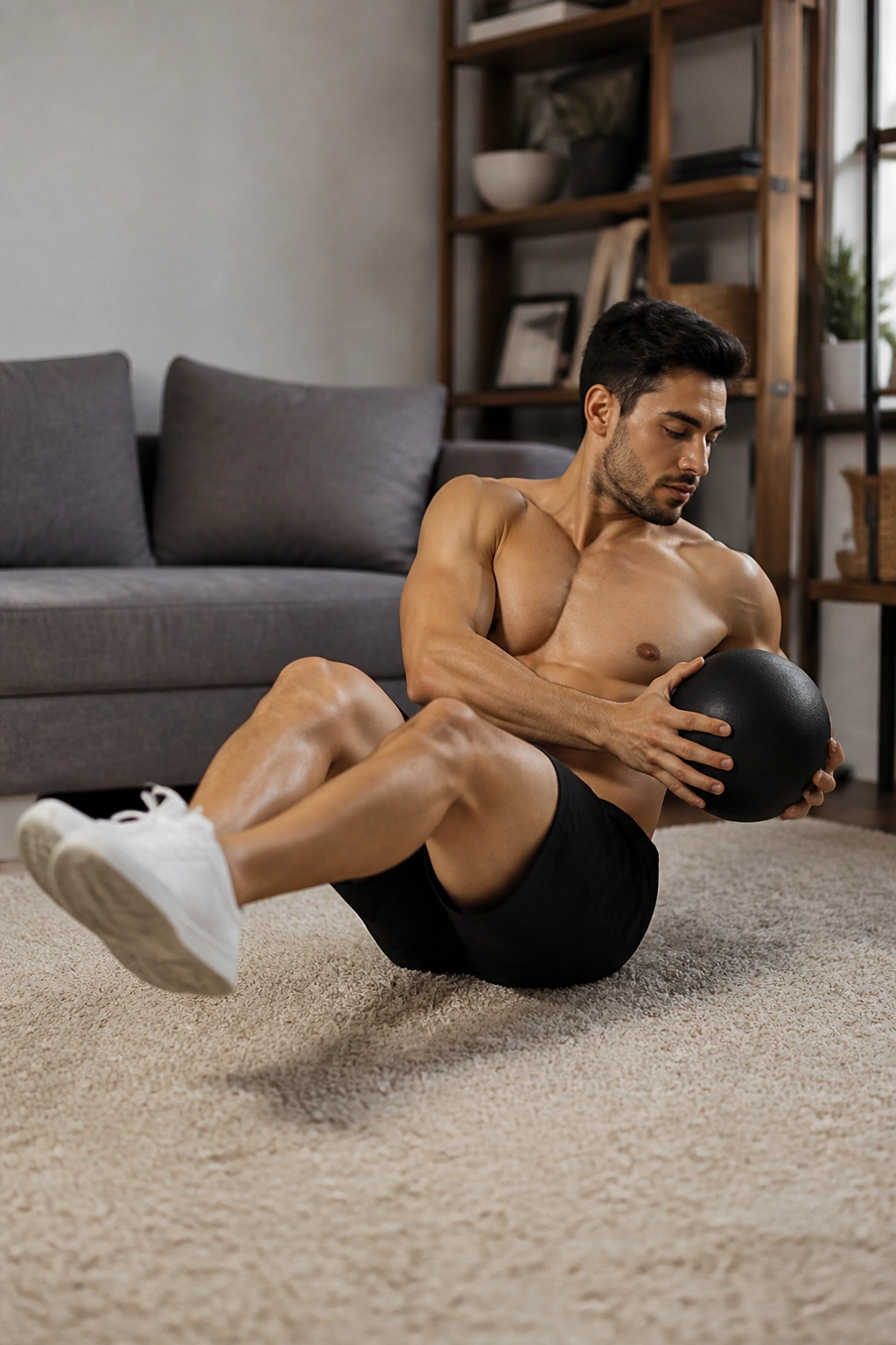 Person performing Russian twists with torso rotated and hands reaching sides.