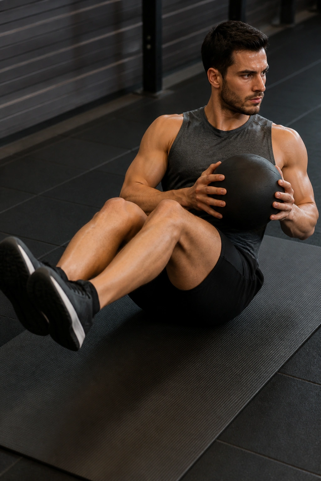 Close-up of a person performing Russian twists on a mat with feet lifted.