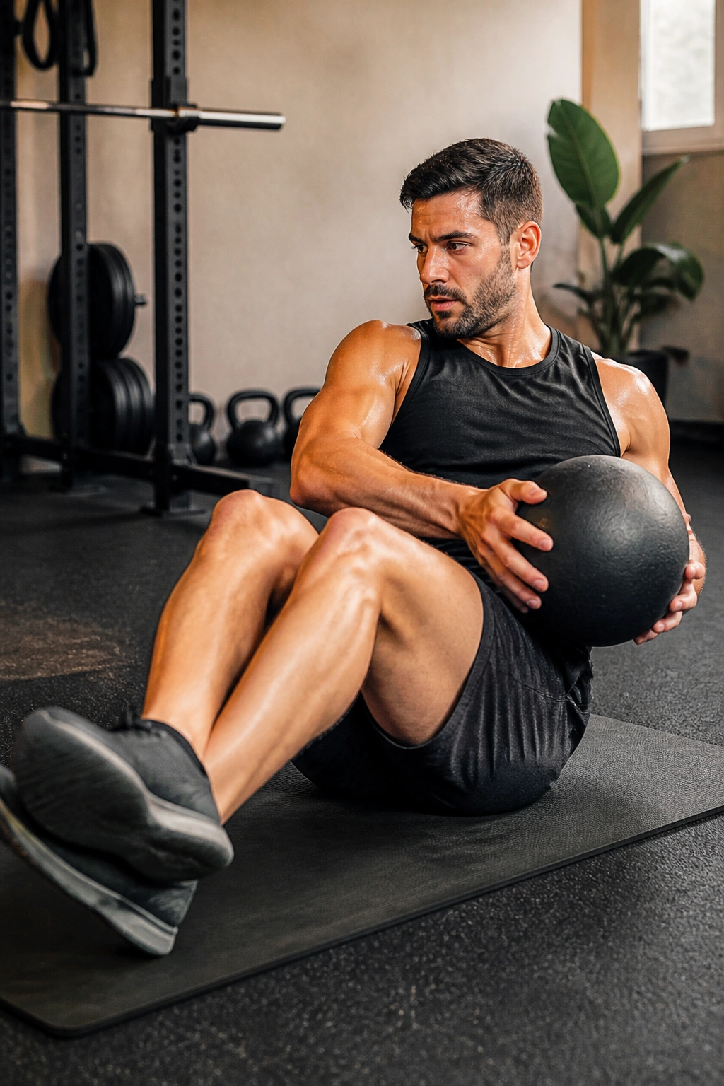Person performing Russian twists with a medicine ball on a workout mat.