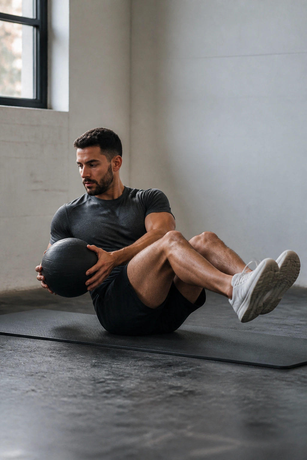 Person performing Russian twists with medicine ball on gym mat