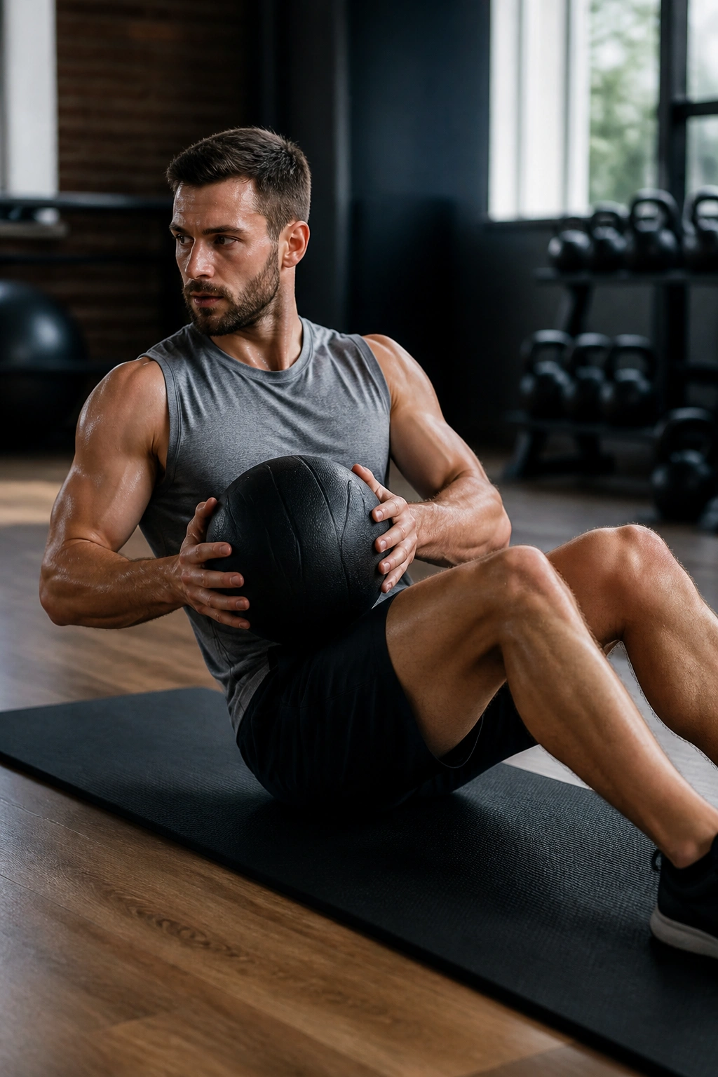 Person performing Russian twists with controlled pause using medicine ball on gym mat.