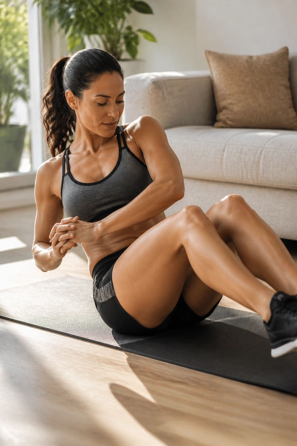Seated person performing Russian twists with torso rotation on a mat.