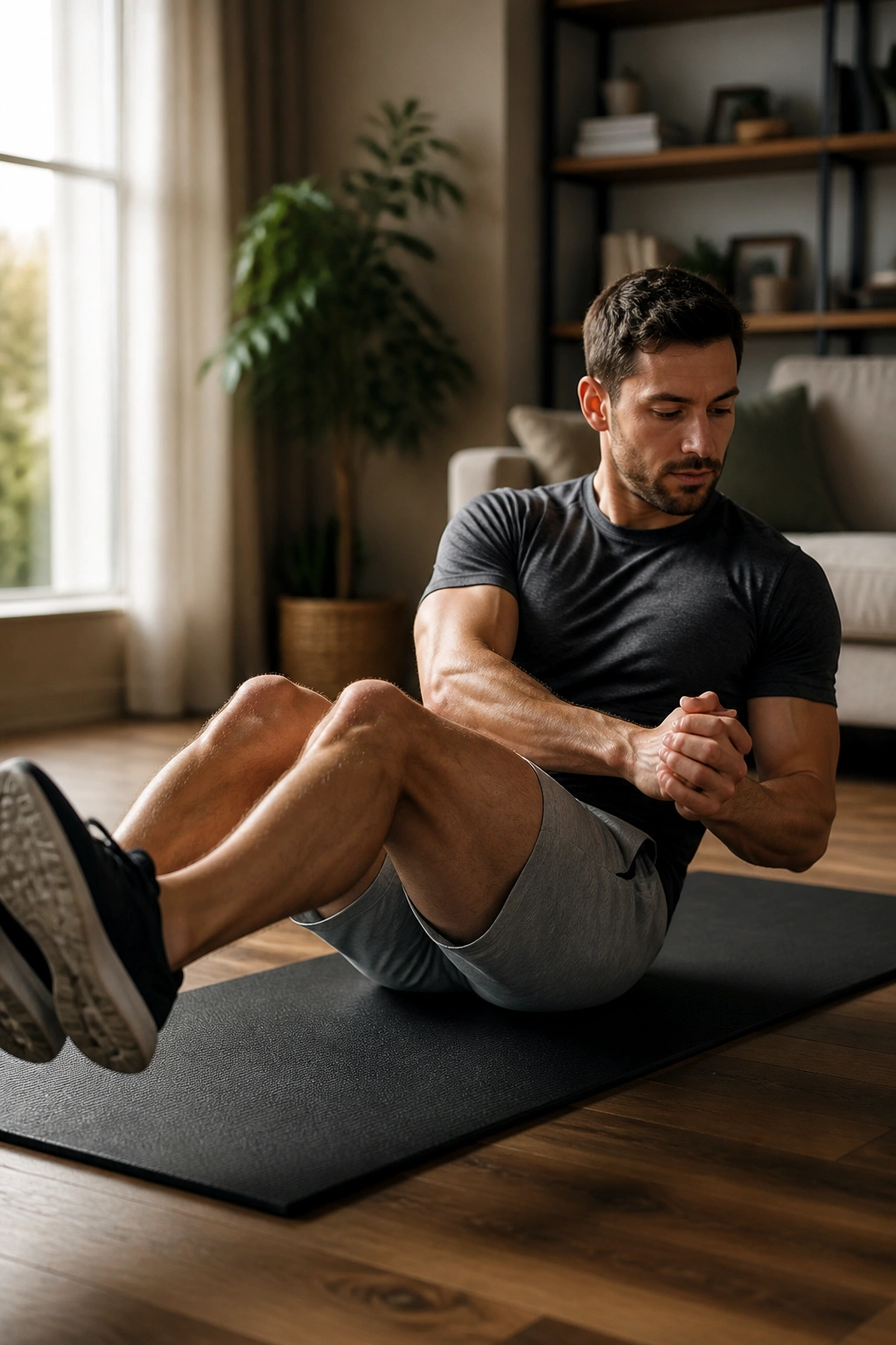 Real person performing Russian twists on a mat with torso rotation