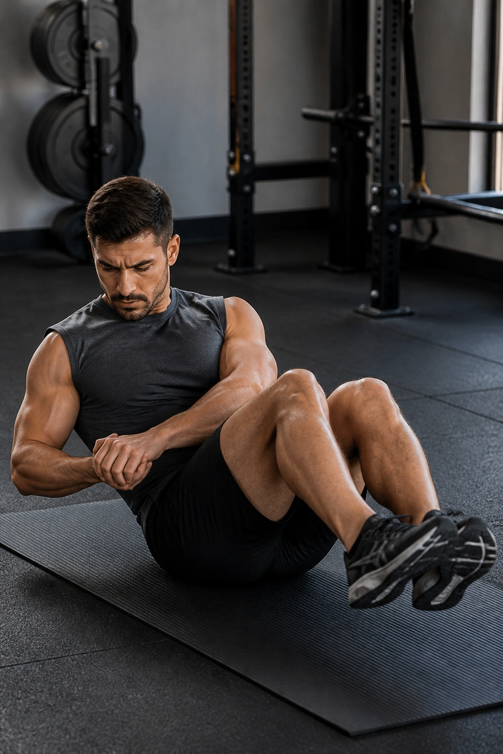 Seated person performing Russian twists on a mat, emphasizing oblique rotation