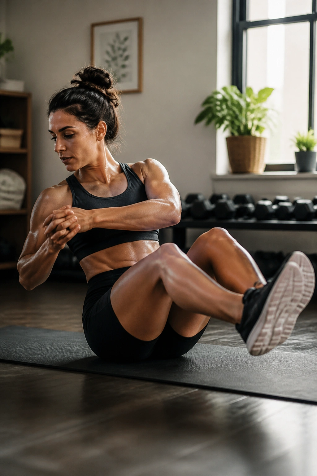 Close-up of a person performing Russian twists to target obliques