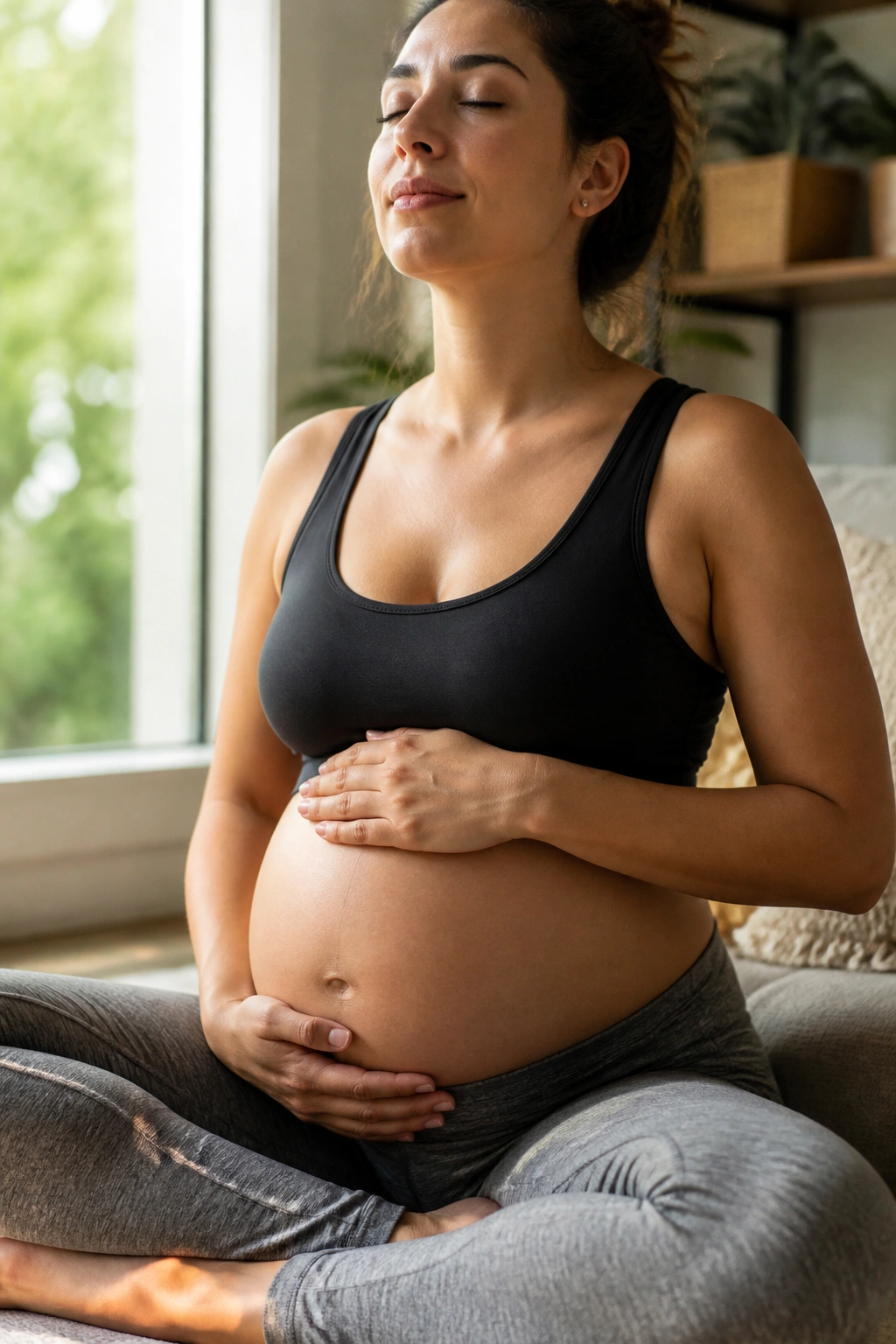 Person practicing safe pelvic floor exercise in a home setting with calm breathing