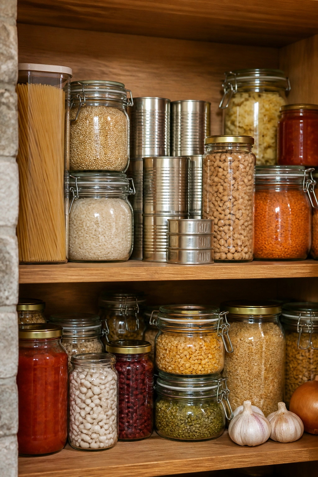 Cozy pantry shelf with essential shelf-stable ingredients
