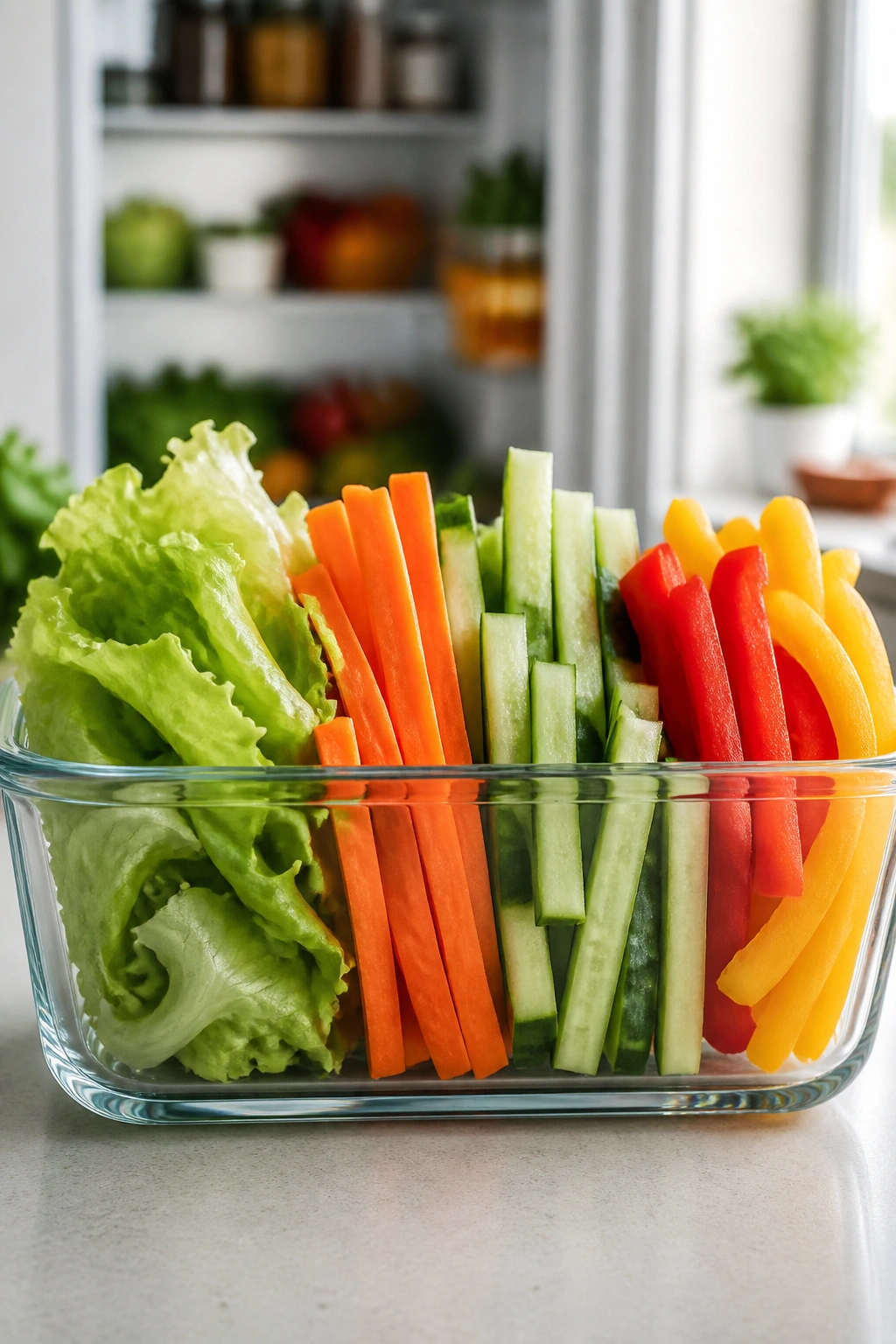 Glass container with prepped lettuce and veggie sticks