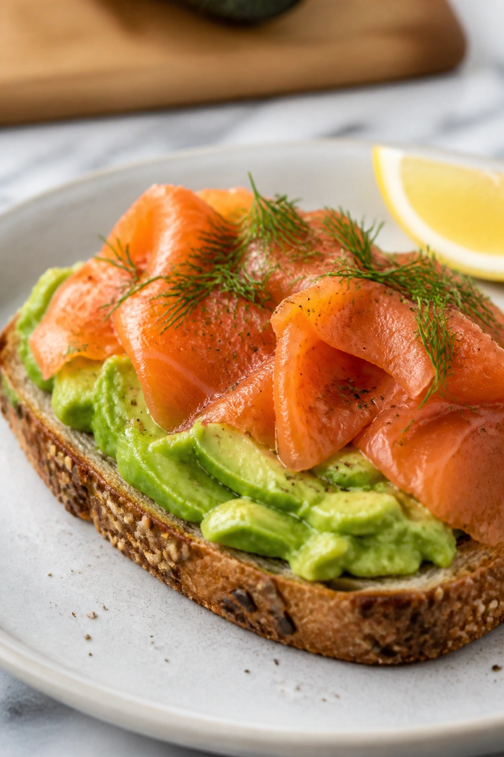 Close-up of smoked salmon avocado toast on seeded bread.
