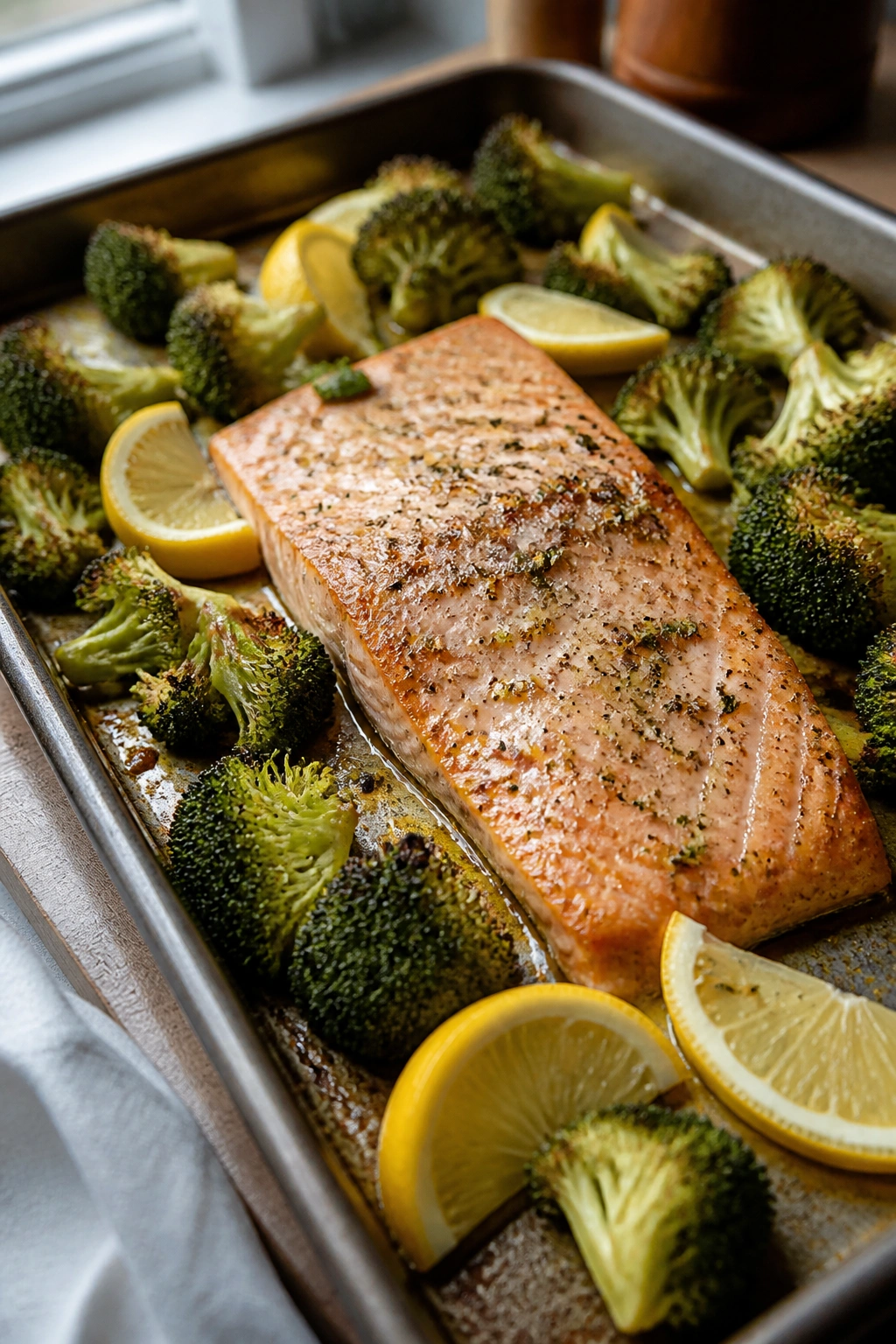 Close-up of sheet-pan salmon with broccoli and lemon on a wooden kitchen counter